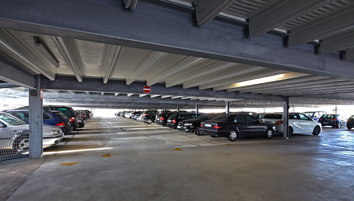 Parked cars on a parking level of the parking garage of Easy Airport Parking at Hamburg Airport (HAM)